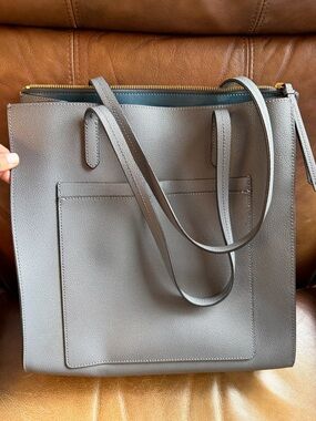 Grey Leather Tote Bag with Front Pocket - Women